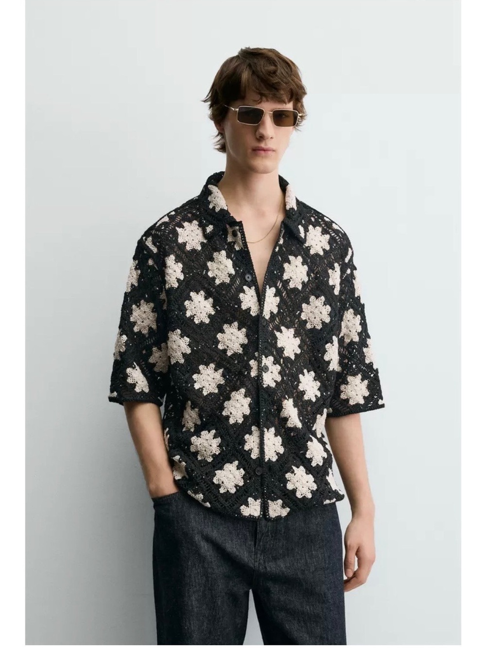 Zara Men's Crocheted Textured Shirt